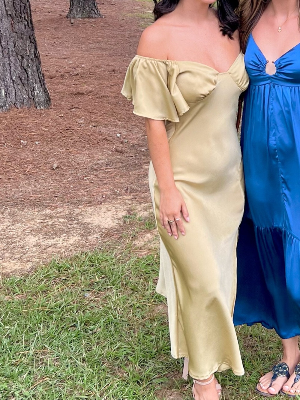 Boutique Off-Shoulder Yellow/Green Midi Dress with Ruffle Sleeves - Picture 4 of 4